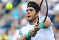 Juan Martin Del Potro hits a return to Andy Murray, in Indian Wells, California, on March 15, 2013